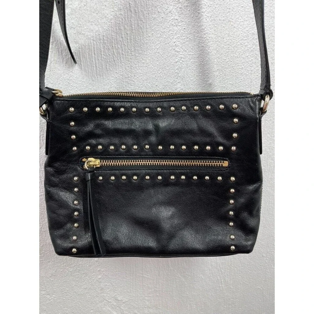 COLE HAAN WOMENS BLACK LEATHER STUDDED CROSSBODY SHOULDER BAG